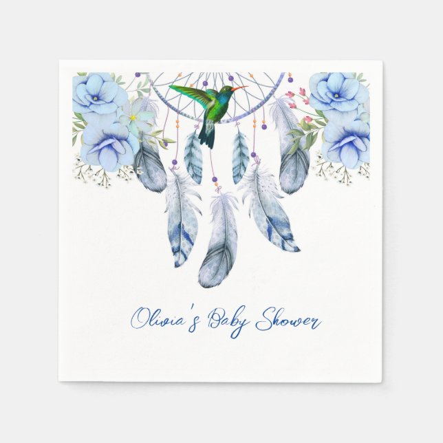 Blue Dreamcatcher Hummingbird Boy Baby Shower  Napkins (Front)