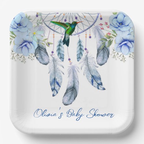 Blue Dreamcatcher Hummingbird Boy Baby Shower Paper Plates