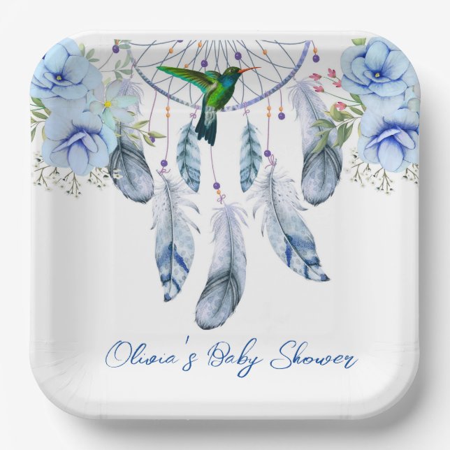 Blue Dreamcatcher Hummingbird Boy Baby Shower Paper Plates (Front)