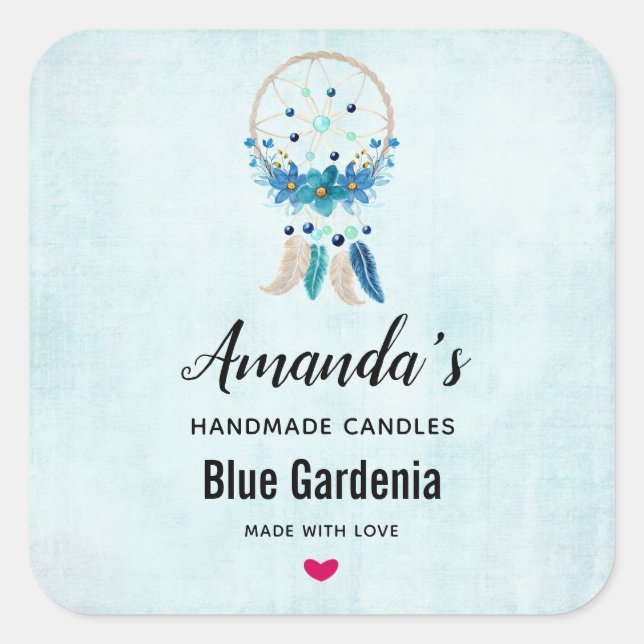 Blue Dreamcatcher Stylish Boho Design Candle Square Sticker (Front)