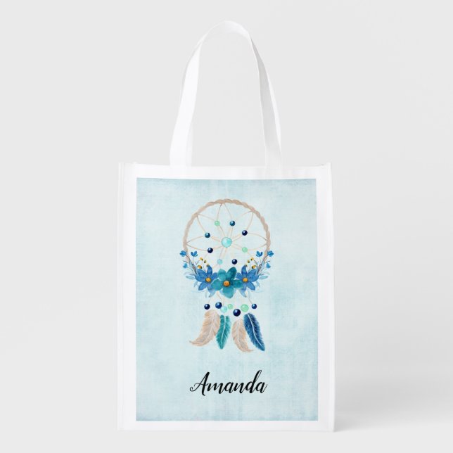 Blue Dreamcatcher Stylish Boho Design Grocery Bag (Front)