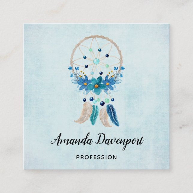 Blue Dreamcatcher Stylish Boho Design Square Business Card (Front)