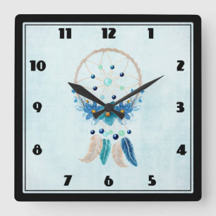 Blue Dreamcatcher Stylish Boho Design Square Wall Clock