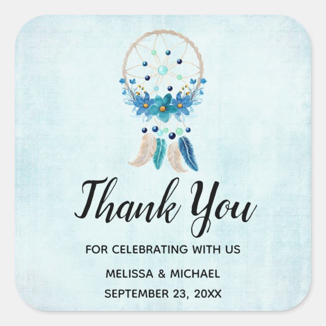 Blue Dreamcatcher Stylish Boho Design Thank You Square Sticker (Front)