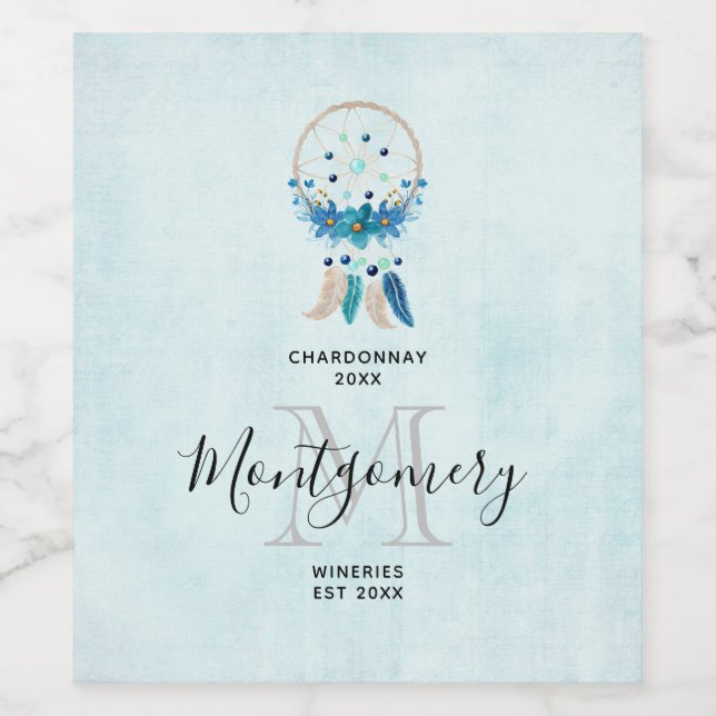 Blue Dreamcatcher Stylish Boho Design Wine Making Label (Single Label)