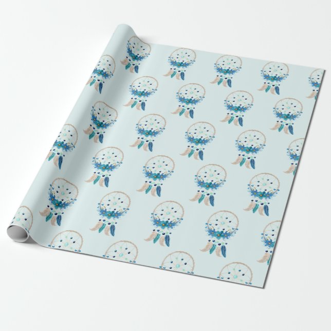 Blue Dreamcatcher Stylish Boho Design Wrapping Paper (Unrolled)