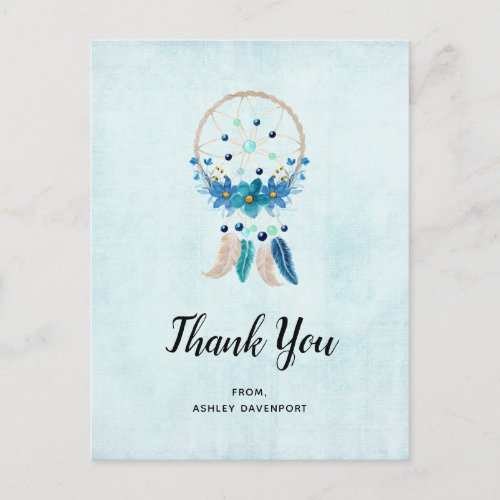 Blue Dreamcatcher with Feathers Boho Thank You Postcard