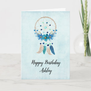 Blue Dreamcatcher with Flowers & Feathers Birthday Card