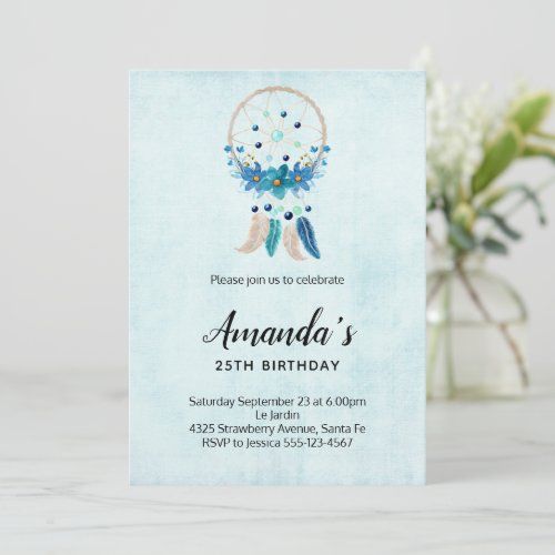 Blue Dreamcatcher with Flowers  Feathers Birthday Invitation