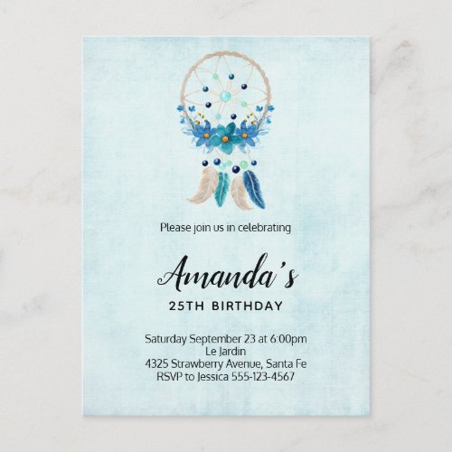 Blue Dreamcatcher with Flowers  Feathers Birthday Invitation Postcard
