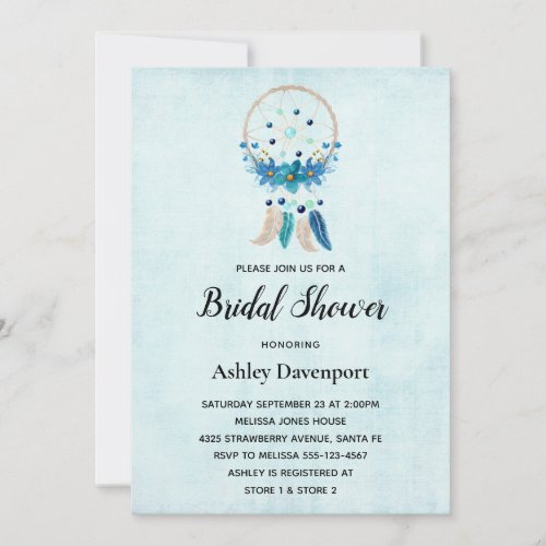 Blue Dreamcatcher with Flowers  Feathers Bridal Invitation