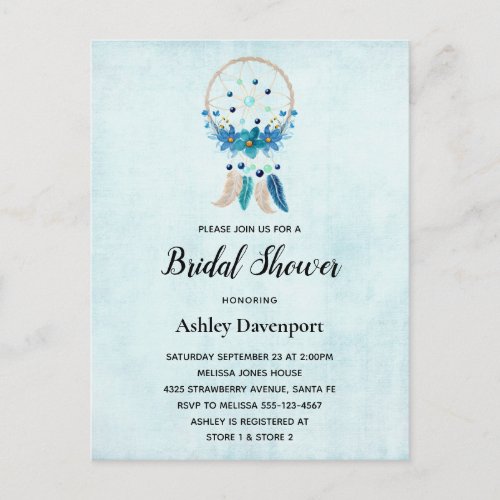 Blue Dreamcatcher with Flowers  Feathers Bridal Invitation Postcard