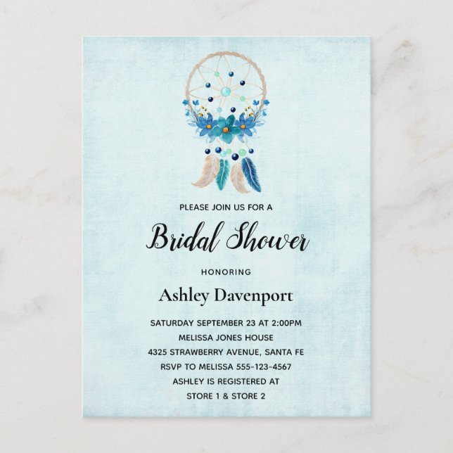 Blue Dreamcatcher with Flowers & Feathers Bridal Invitation Postcard (Front)