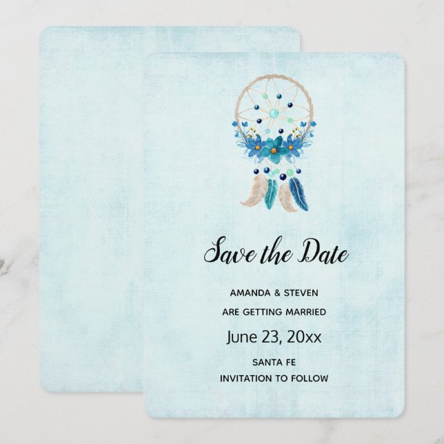 Blue Dreamcatcher with Flowers & Feathers Save The Date (Front/Back)