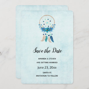 Blue Dreamcatcher with Flowers & Feathers Save The Date