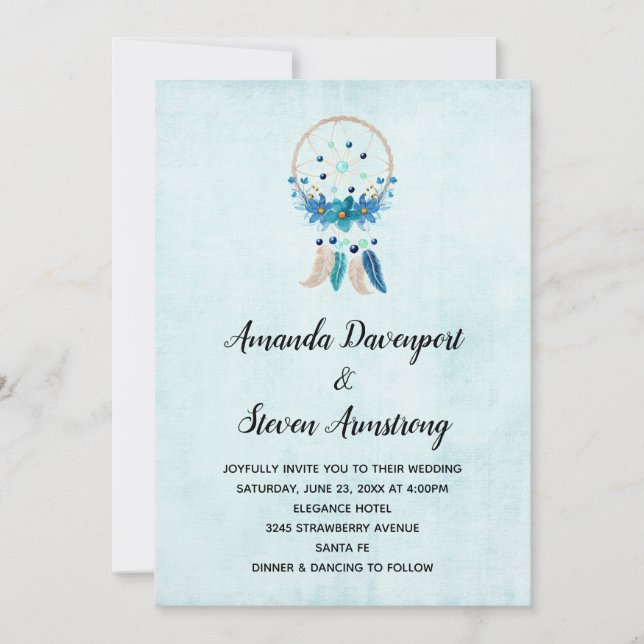Blue Dreamcatcher with Flowers & Feathers Wedding Invitation (Front)