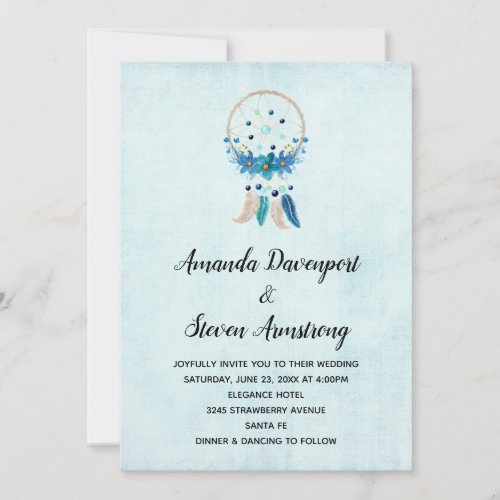 Blue Dreamcatcher with Flowers  Feathers Wedding Invitation