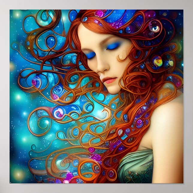 Blue Dreams Beautiful Woman Digital Art Poster (Front)