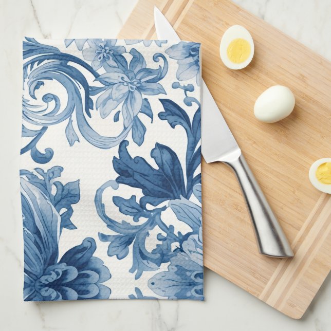 Blue Dreams | Floral Watercolor Chinoiserie Kitchen Towel (Quarter Fold)