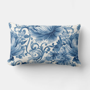 Blue Dreams   Floral Watercolor Chinoiserie Lumbar Pillow