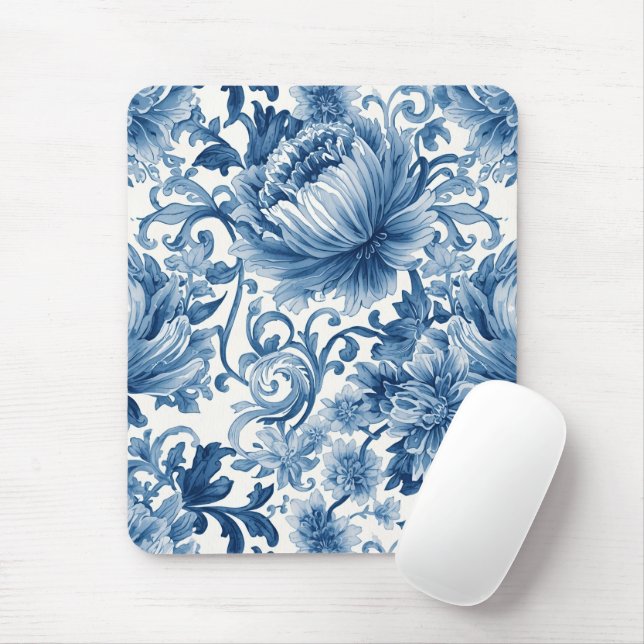 Blue Dreams | Floral Watercolor Chinoiserie Mouse Pad (With Mouse)