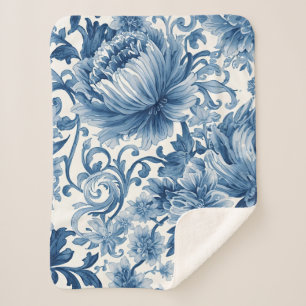 Blue Dreams Floral Watercolor Chinoiserie Sherpa Blanket
