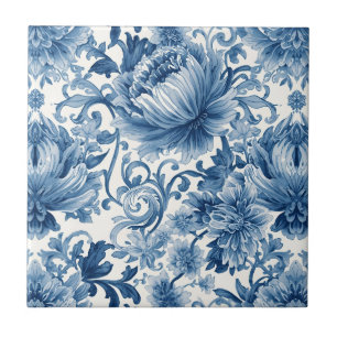 Blue Dreams Floral Watercolor Chinoiserie White Ceramic Tile