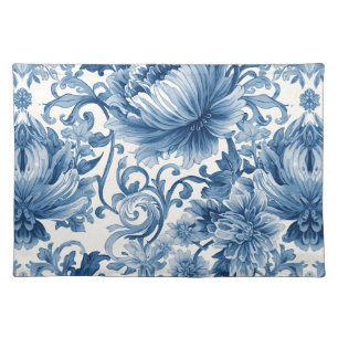 Blue Dreams Floral Watercolor Chinoiserie White Cloth Placemat