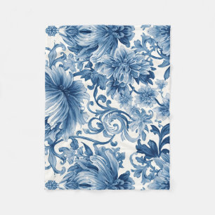 Blue Dreams   Floral Watercolor Chinoiserie White Fleece Blanket