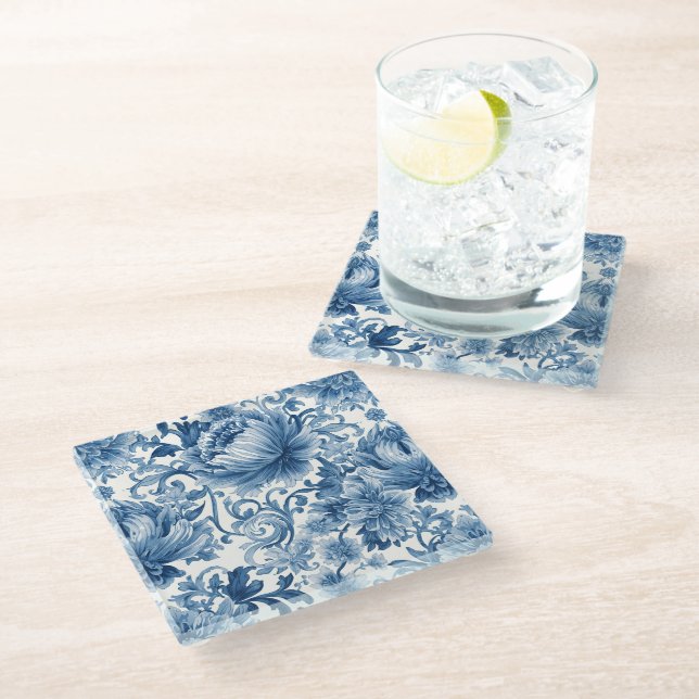 Blue Dreams | Floral Watercolor Chinoiserie White Glass Coaster (Angled)