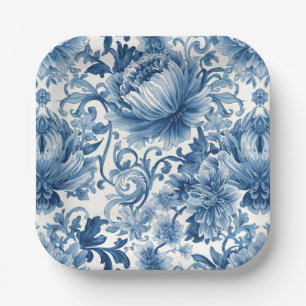 Blue Dreams   Floral Watercolor Chinoiserie White Paper Plates