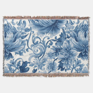 Blue Dreams Floral Watercolor Chinoiserie White Throw Blanket