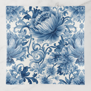 Blue Dreams   Floral Watercolor Chinoiserie White Trinket Tray