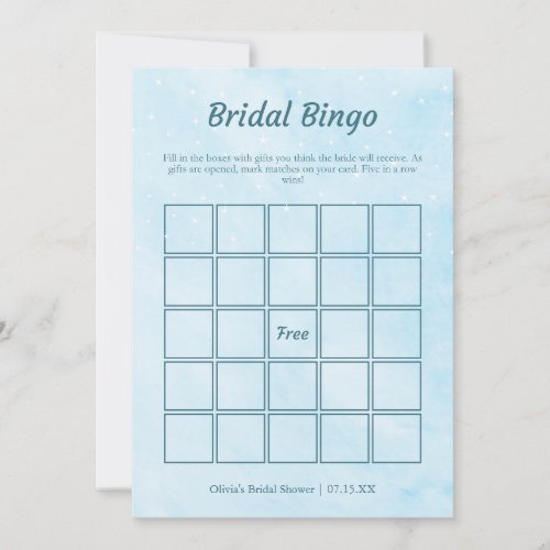 Blue Dreamy Bridal Shower Bingo Game Card 