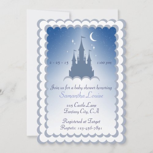 Blue Dreamy Castle In The Clouds Baby Shower Invitation