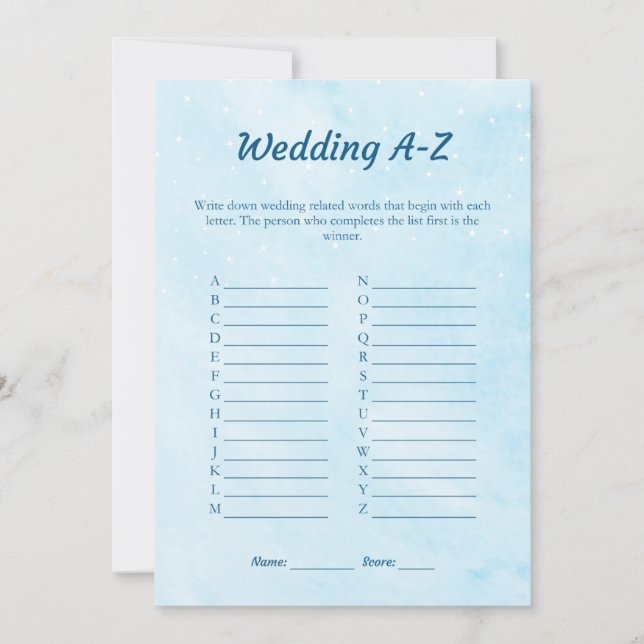 Blue Dreamy Wedding A-Z Bridal Shower Game Card  (Front)