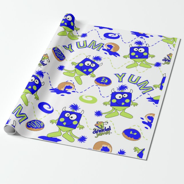 Blue Dreidel Monsters for Hannukah Wrapping Paper (Unrolled)