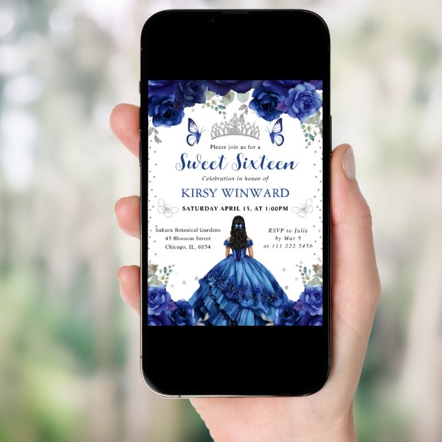 Blue Dress Black Hair Princess Sweet 16 Invitation (Front Digital)
