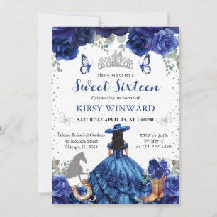 Blue Dress Black Hair Salon Princess Sweet 16 Invitation
