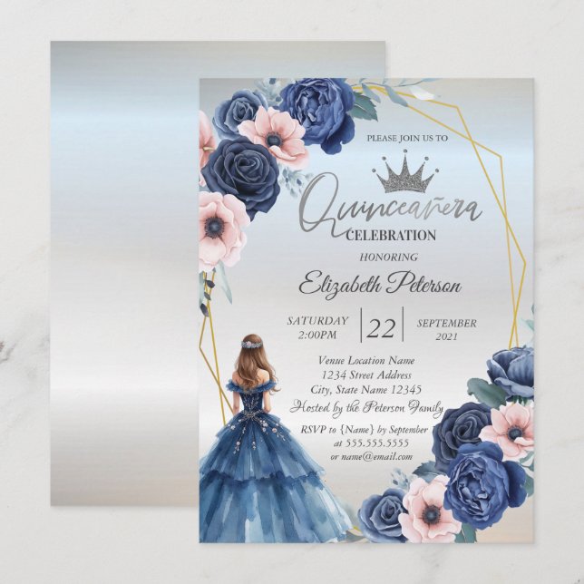 Blue Dress,Blue Flowers Frame  Invitation (Front/Back)