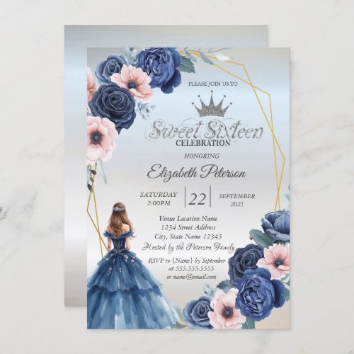 Blue Dress,Blue Flowers Frame Sweet 16 Invitation