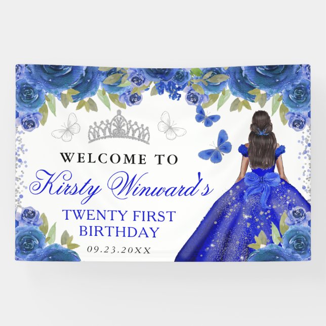Blue Dress Dark Skin Princess Floral Birthday Banner (Horizontal)