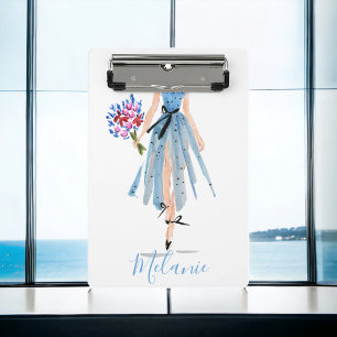 Blue Dress Flowers Woman Chic Fashion Stylish Mini Clipboard