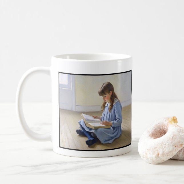 Blue Dress Girl Reading Book Teacher appreciation Coffee Mug (With Donut)