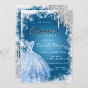 Blue Dress Glitter Drips Quinceañera Invitation