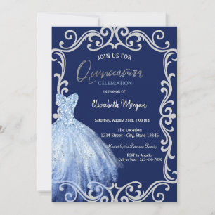 Blue Dress Glitter Frame Blue Quinceañera Invitation