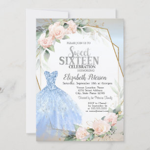 Blue Dress,Pink Roses Frame Silver Sweet 16 Invitation
