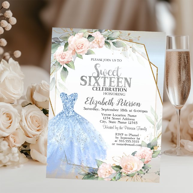 Blue Dress,Pink Roses Frame Silver Sweet 16  Invitation (Creator Uploaded)
