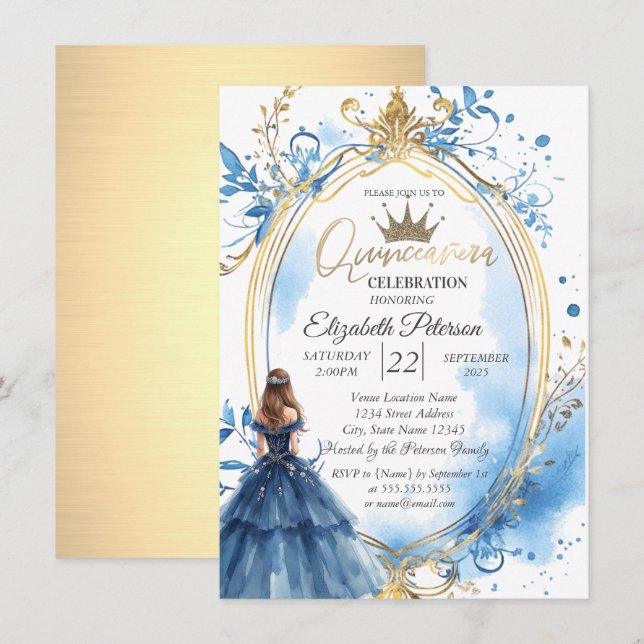Blue Dress Princess Frame Gold Invitation (Front/Back)