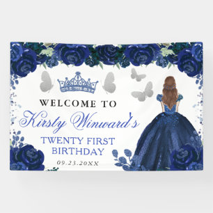 Blue Dress Red Haired Princess Floral Birthday Banner